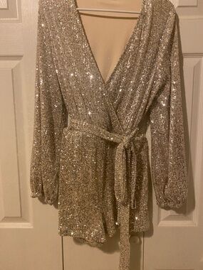 Saints & Hearts Sequin Wrap Romper in Champagne